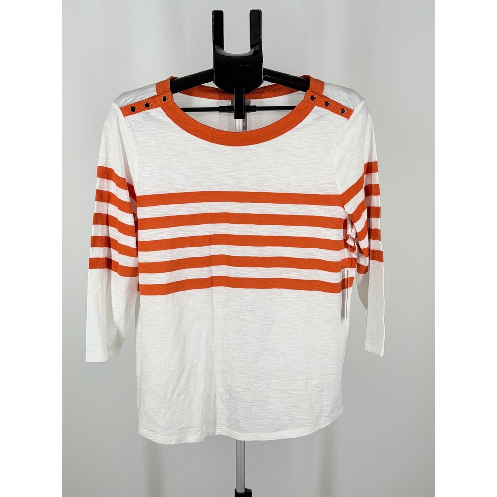 Chicos White Orange Striped Slub Knit Button Shoulder 3/4 Sleeve Top Size 2 L